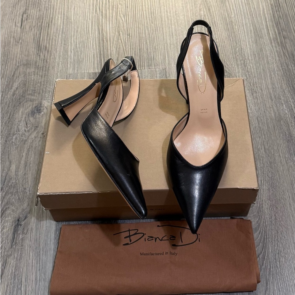 Black Leather Bianca Di Slingback High Heel Pumps Size 39 MADE IN ITALY BNIB - Picture 2 of 7